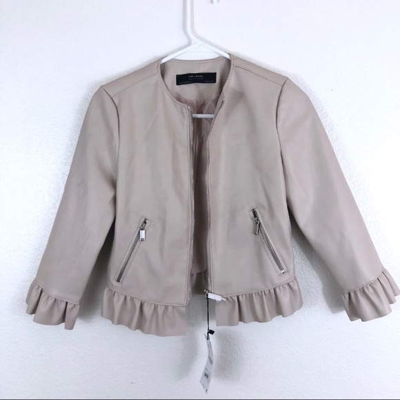 Zara XS cream/pink faux leather jacket ruffles XS - Picture 2 of 5